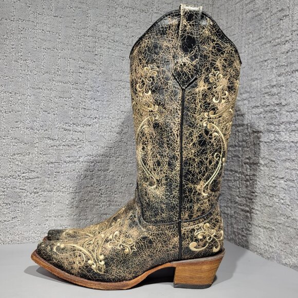 Corral Circle G Women's Size 7W US Black Crackle/Bone Embroidery Boots L5048 - Picture 1 of 11